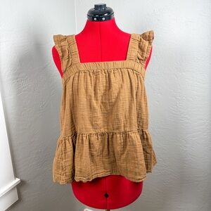 SO Goods for Life Camel Brown Crinkle Cotton Ruffle Strap Peplum Tank Top M